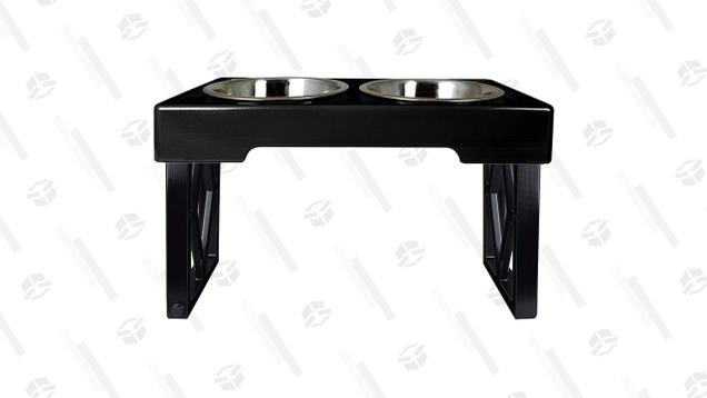 To help relieve strain on your dog’s neck, you can put their food and water in a Pet Zone Designer Diner Adjustable Elevated Pet Feeder.